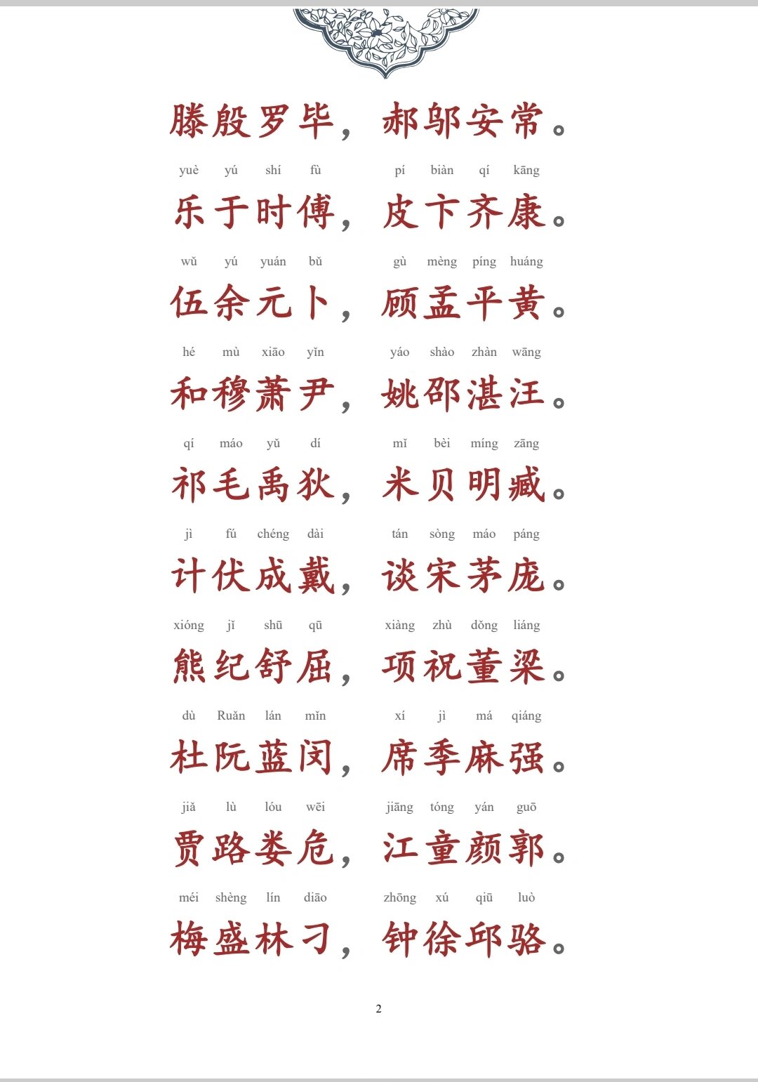 百家姓原文及读音