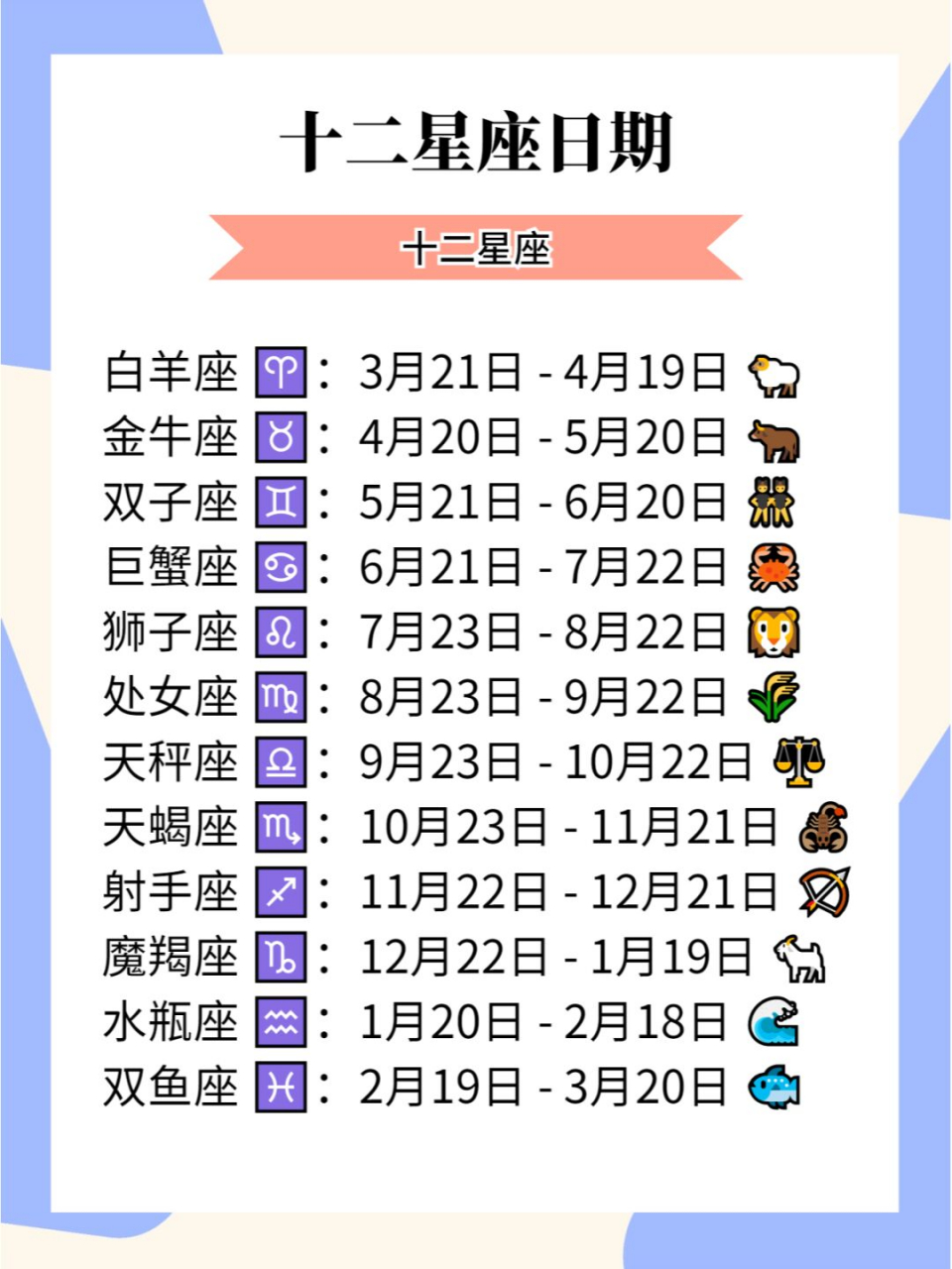 十二星座免费对照表(十二星座免费查询入口)