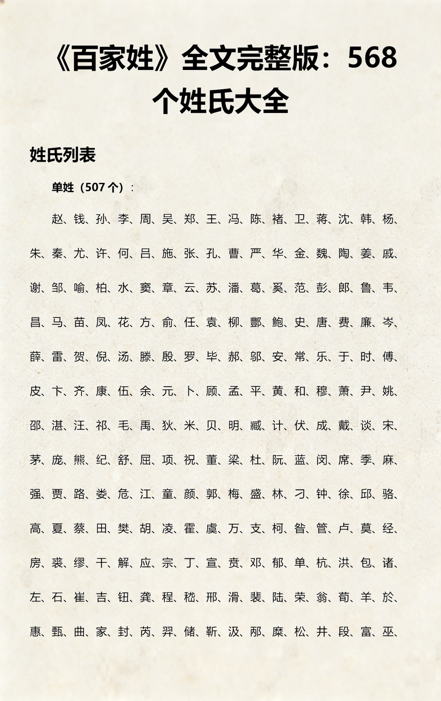 《百家姓》全部复姓有哪些名字(百家姓全部复姓有哪些名字和图片)